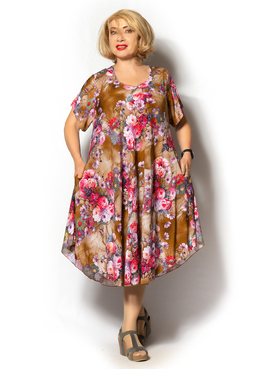 Коричневое кэжуал платье клеш LibeAmore с цветочным принтом