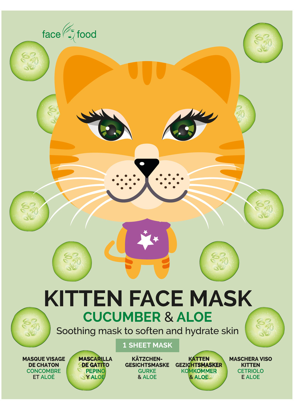 Тканинна маска Face Food Kitten Face Sheet Mask Cucumber & Aloe Vera 1шт 7th Heaven (225646797)