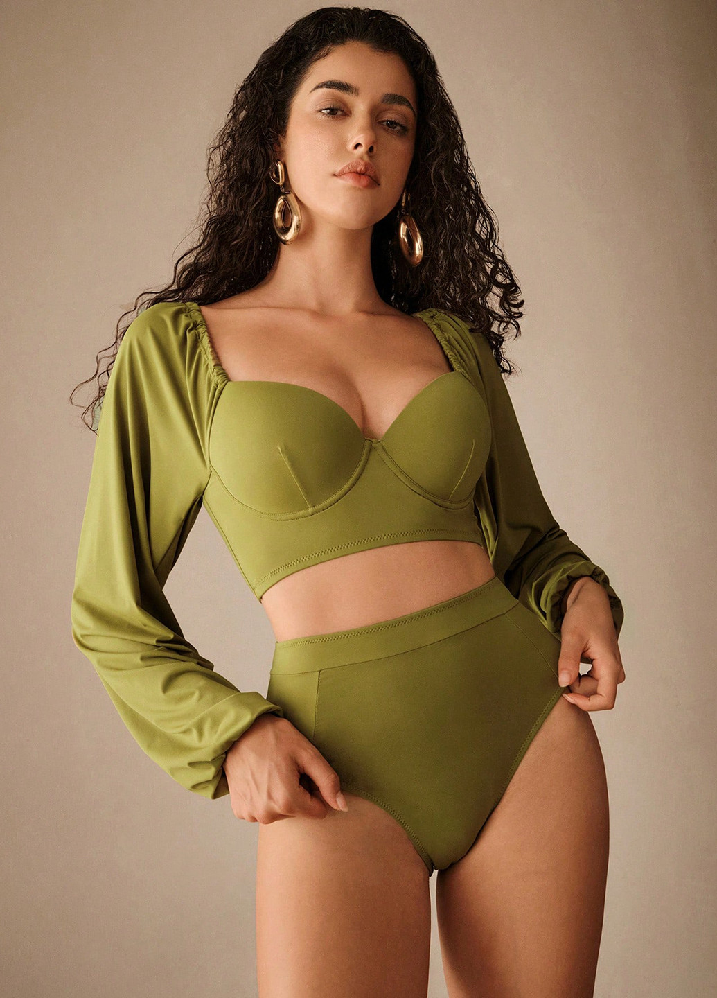 Оливковый летний купальник (лиф, трусики) топ, раздельный SHEIN