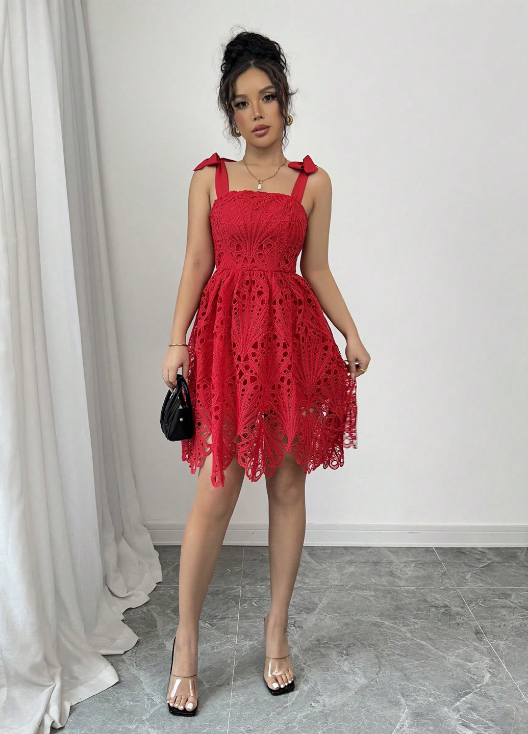 Красное вечернее, кэжуал платье бэби долл SHEIN однотонное