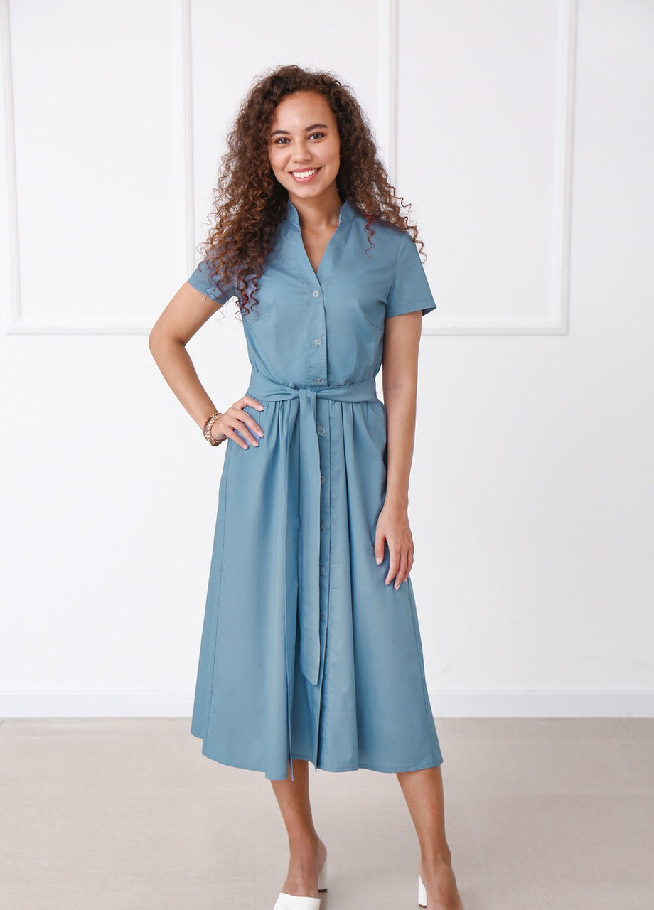 Синя кежуал довга котонова сукня на гудзиках Fashion Girl однотонна