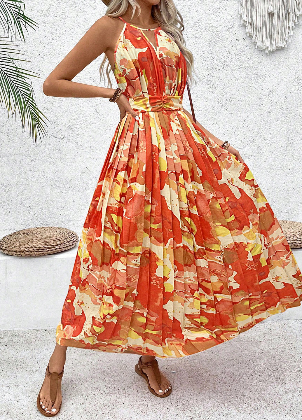 Комбинированное кэжуал платье плиссированное SHEIN с абстрактным узором