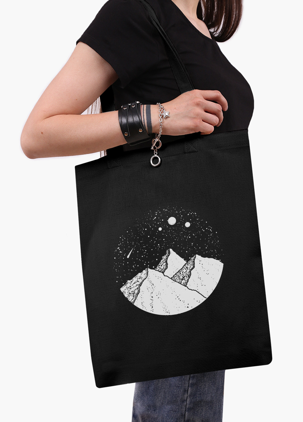 Эко сумка шоппер черная Звездные горы (Starry mountains) (9227-2846-BK-1) Еко сумка шоппер чорна 41*35 см MobiPrint (221682937)