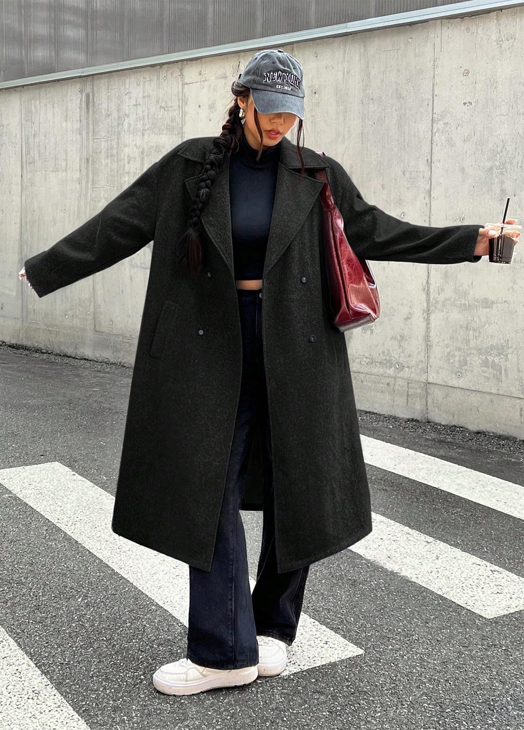 Чорне демісезонне Пальто двобортне SHEIN