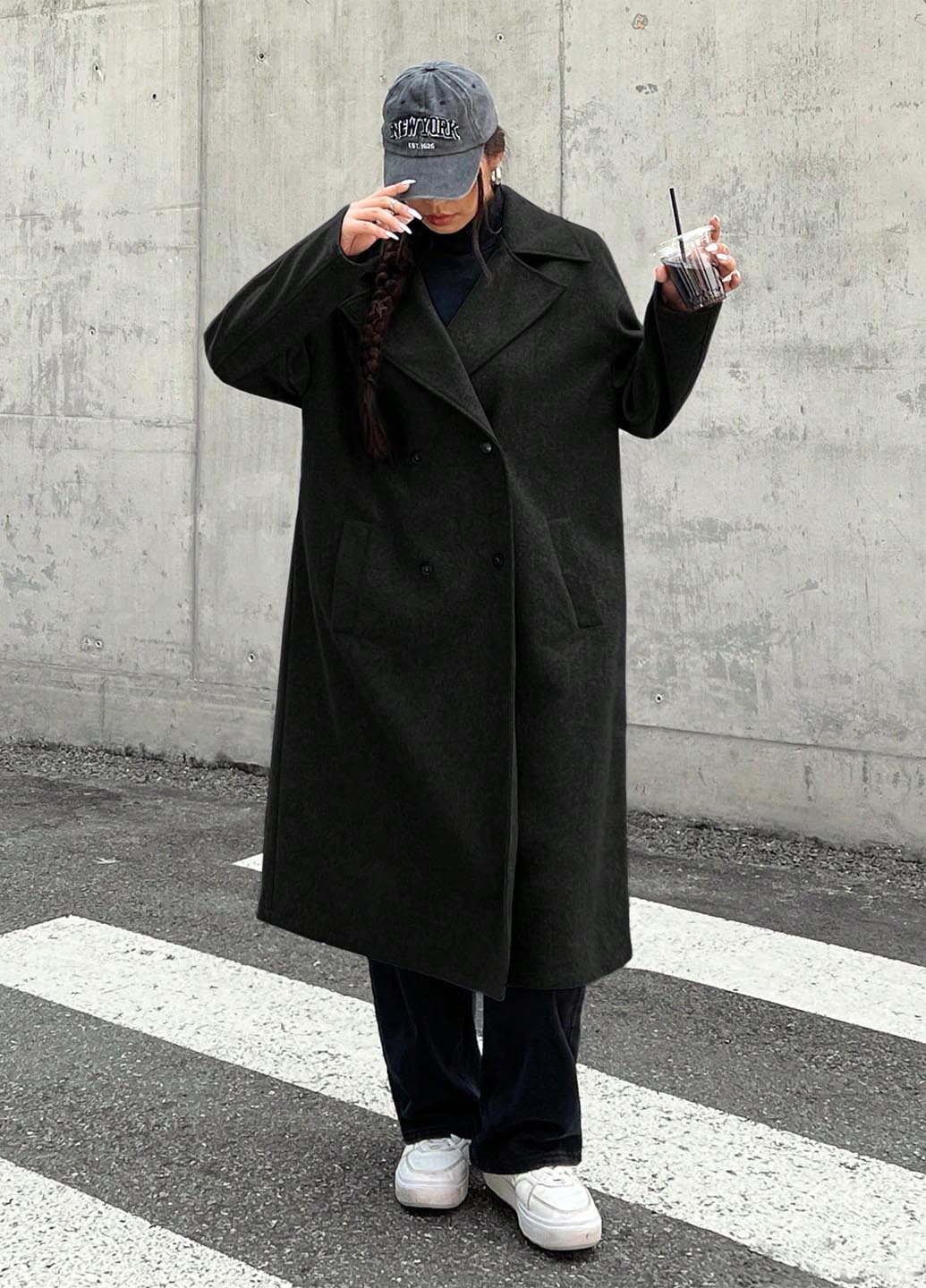 Чорне демісезонне Пальто двобортне SHEIN