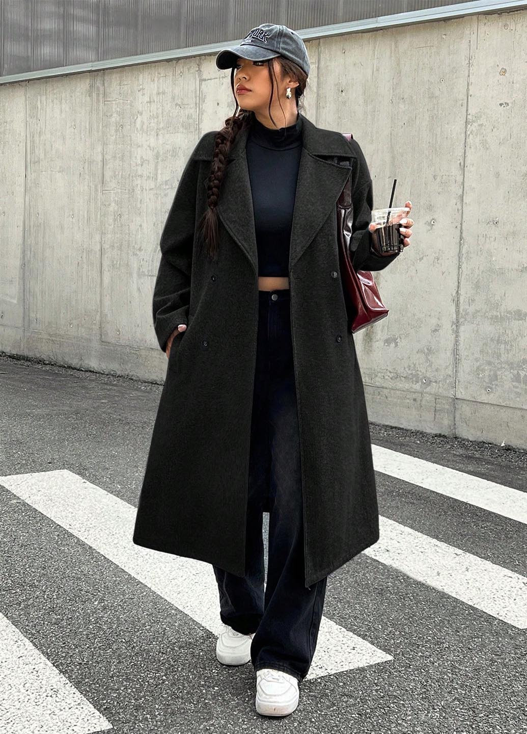 Чорне демісезонне Пальто двобортне SHEIN