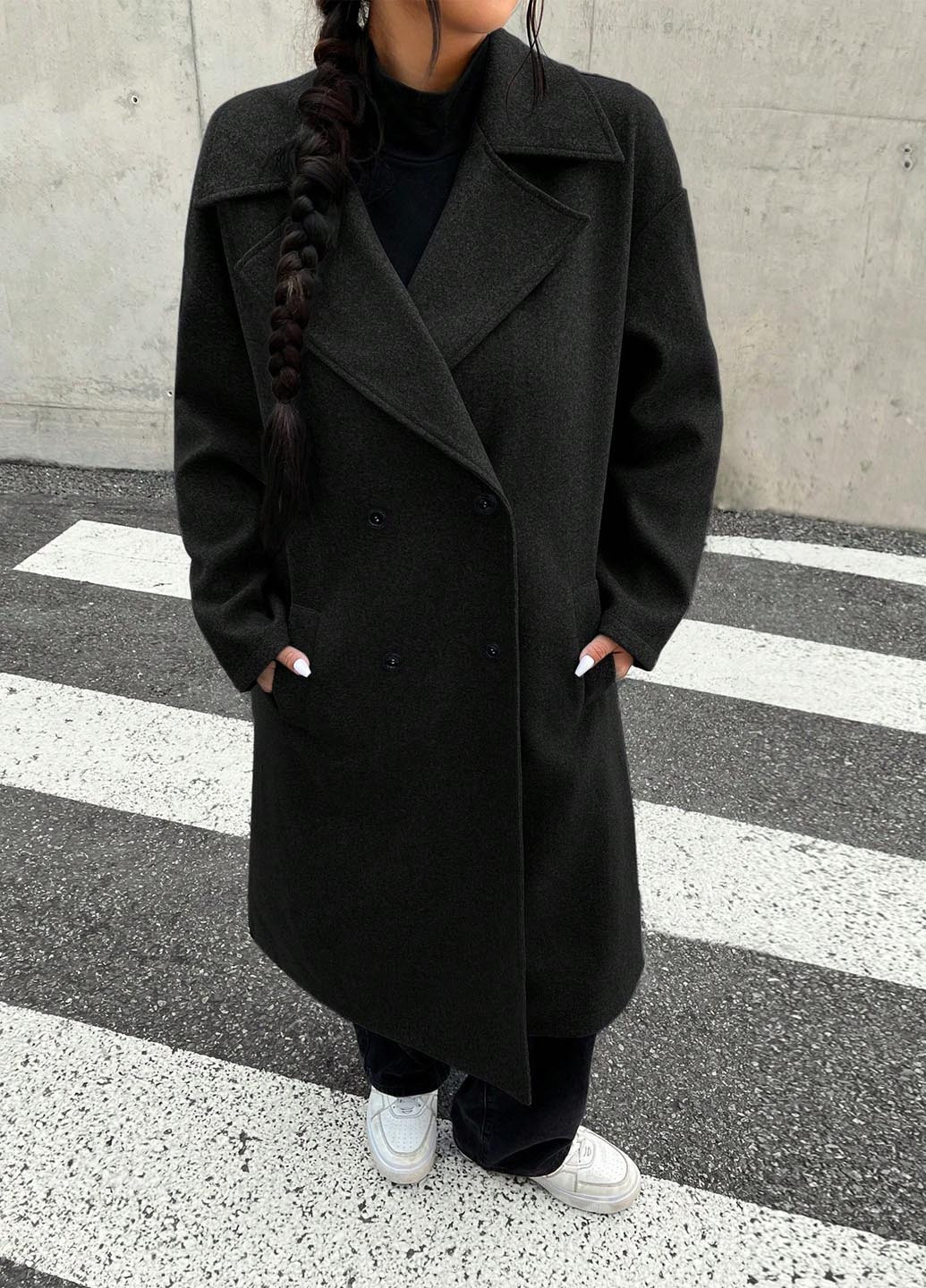 Чорне демісезонне Пальто двобортне SHEIN