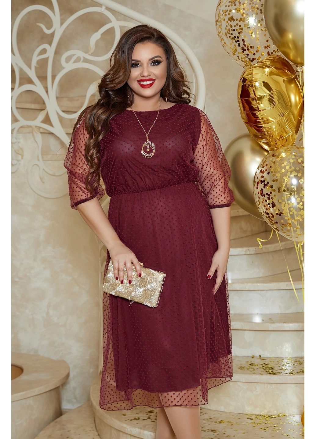 Бордовое кэжуал платье 208-1 64 бордовое N.N.C.Fashion однотонное