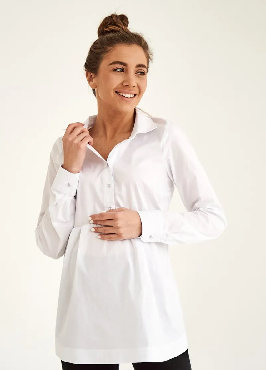Белая демисезонная хлопковая рубашка блуза для беременных и кормящих сдержанного кроя белая To Be