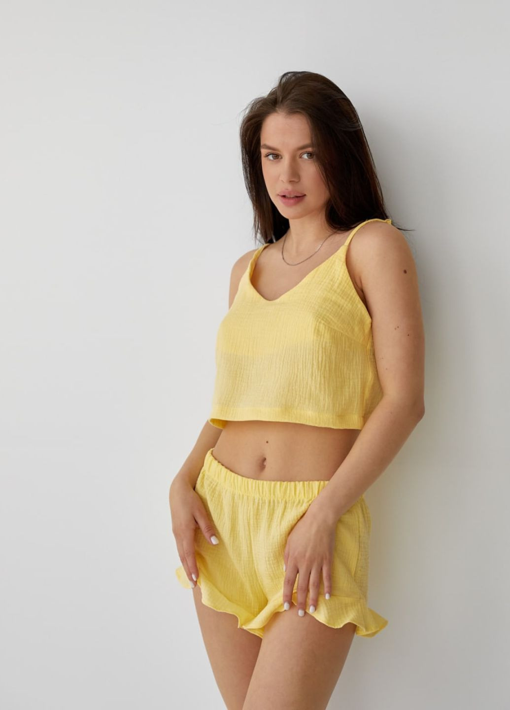 Желтая всесезон соблазнительная женская пижама майка + шорты Украина