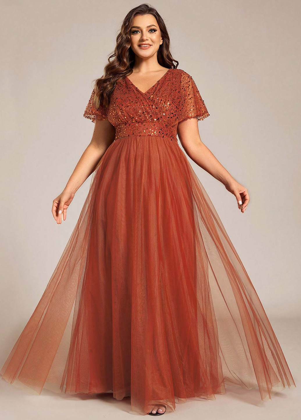 Теракотова вечірня сукня з спідницею-сонце, в стилі армпір SHEIN однотонна