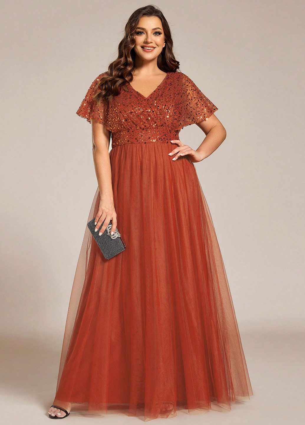 Теракотова вечірня сукня з спідницею-сонце, в стилі армпір SHEIN однотонна