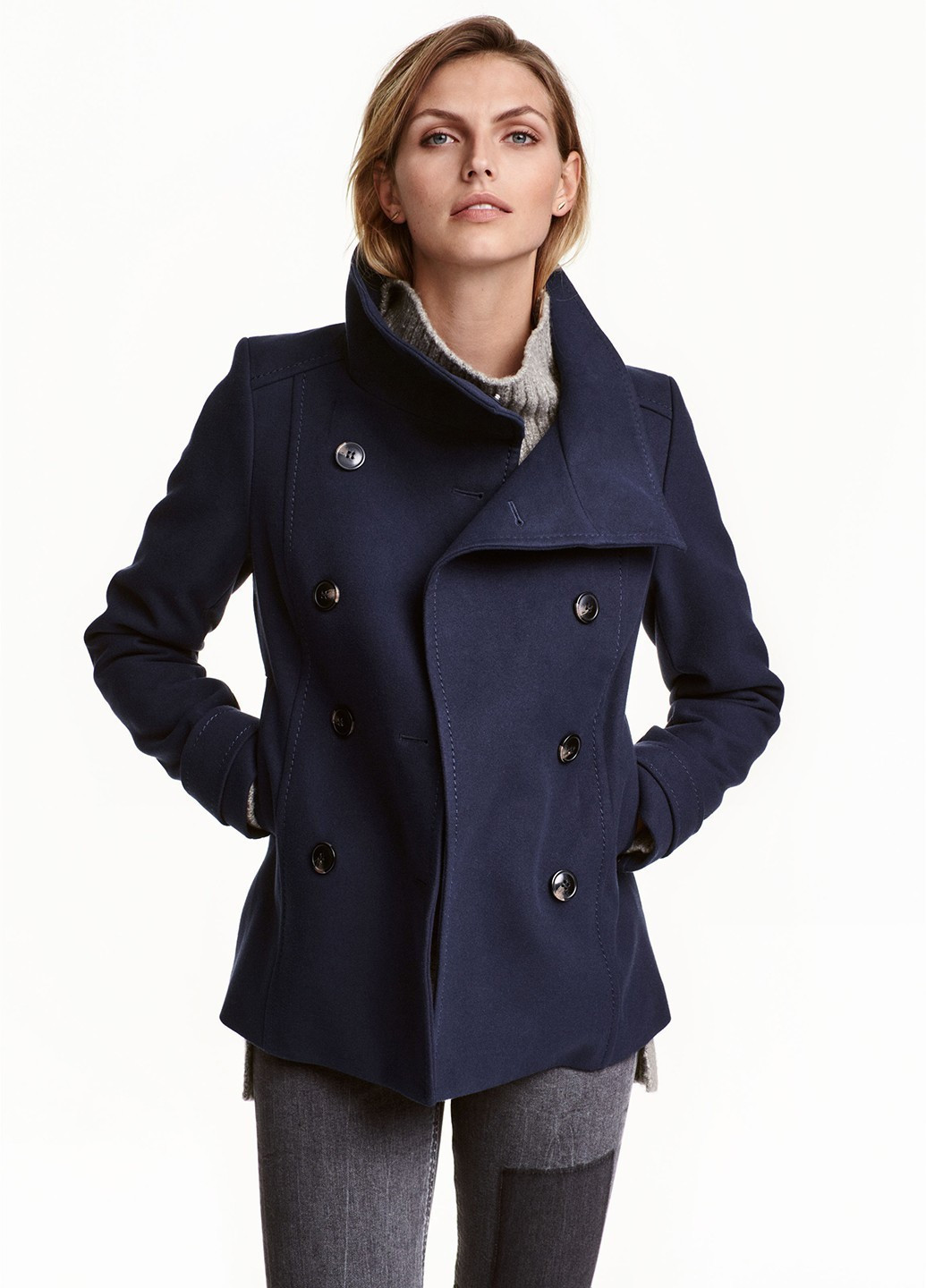 Темно-синє Кежуал півпальто двобортне H&M однотонне