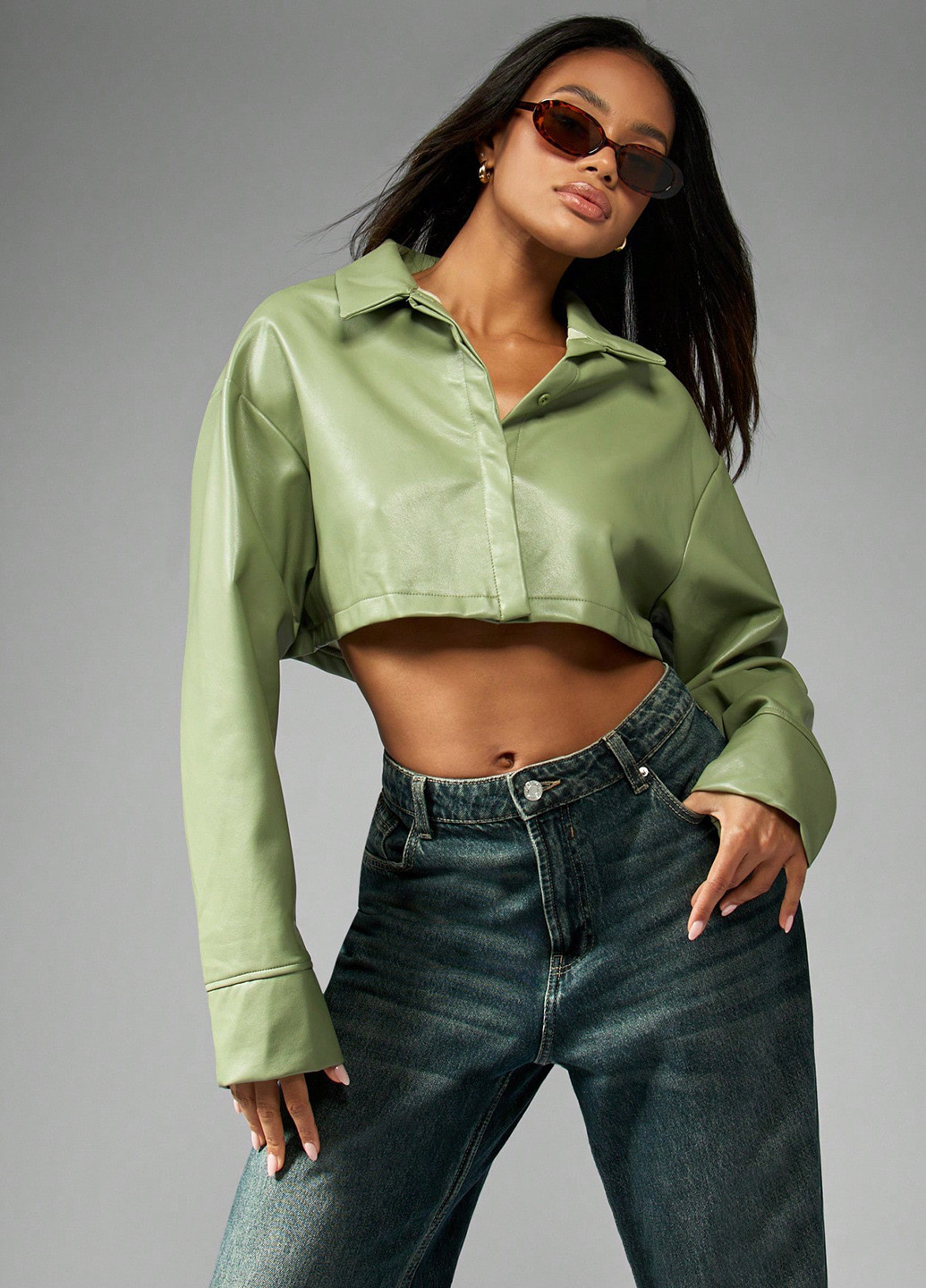 Светло-зеленая кэжуал рубашка однотонная SHEIN