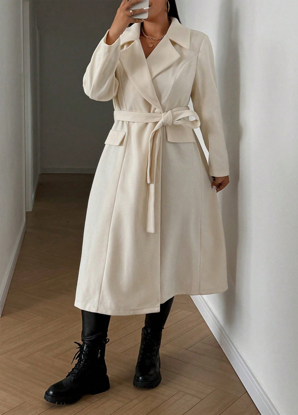 Кремовое зимнее Пальто однобортное SHEIN