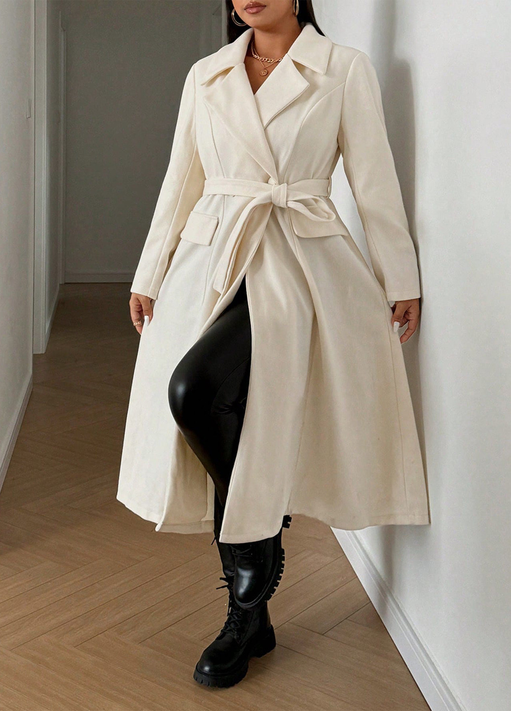 Кремовое зимнее Пальто однобортное SHEIN