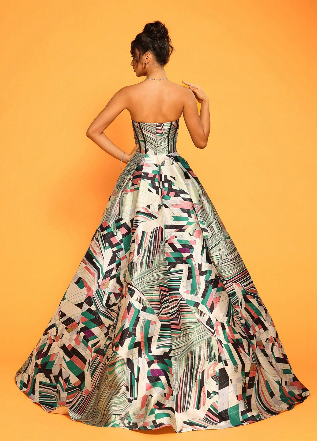 Зеленое вечернее платье с корсетом, со шлейфом, клеш SHEIN с абстрактным узором