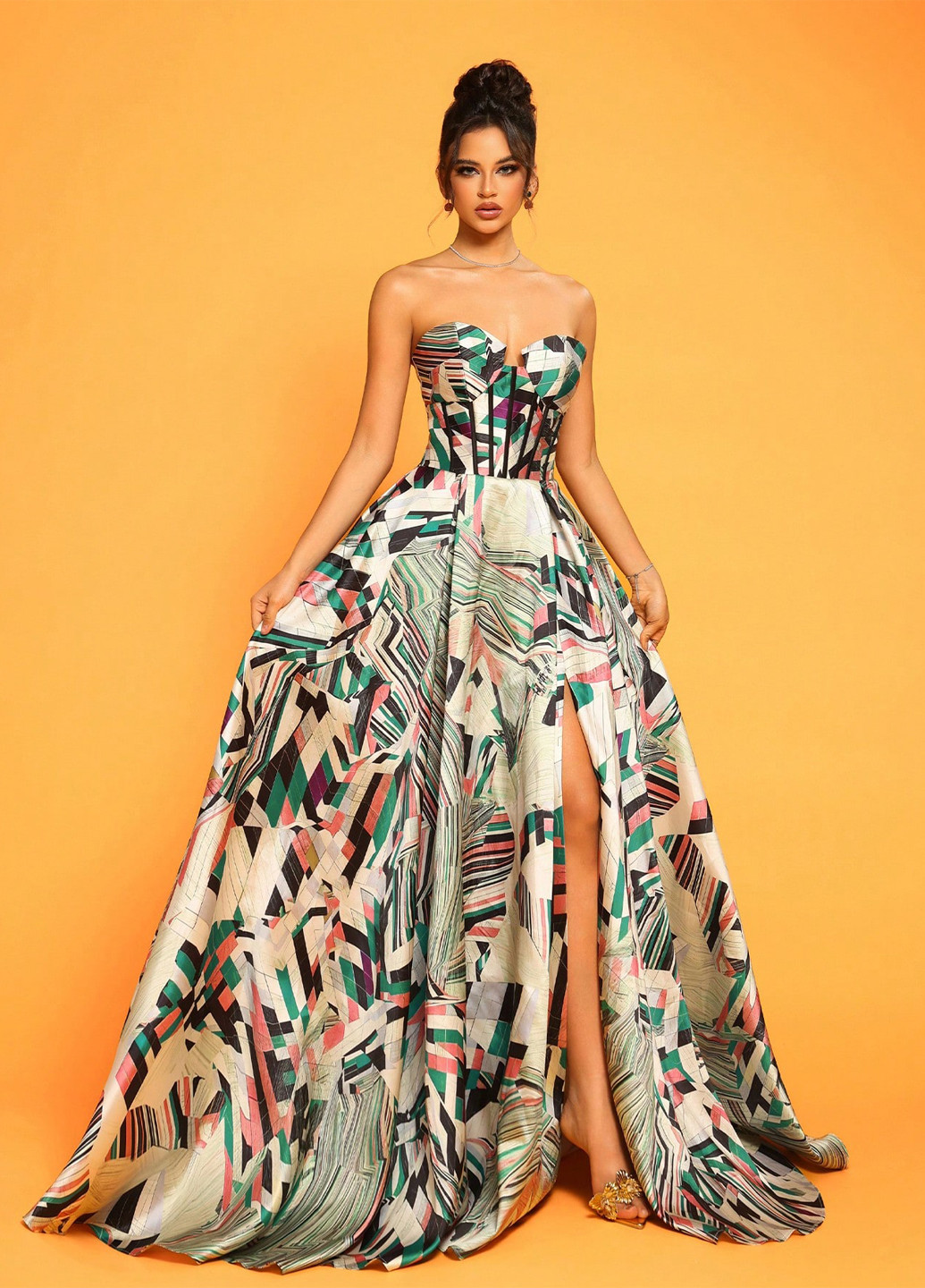 Зеленое вечернее платье с корсетом, со шлейфом, клеш SHEIN с абстрактным узором