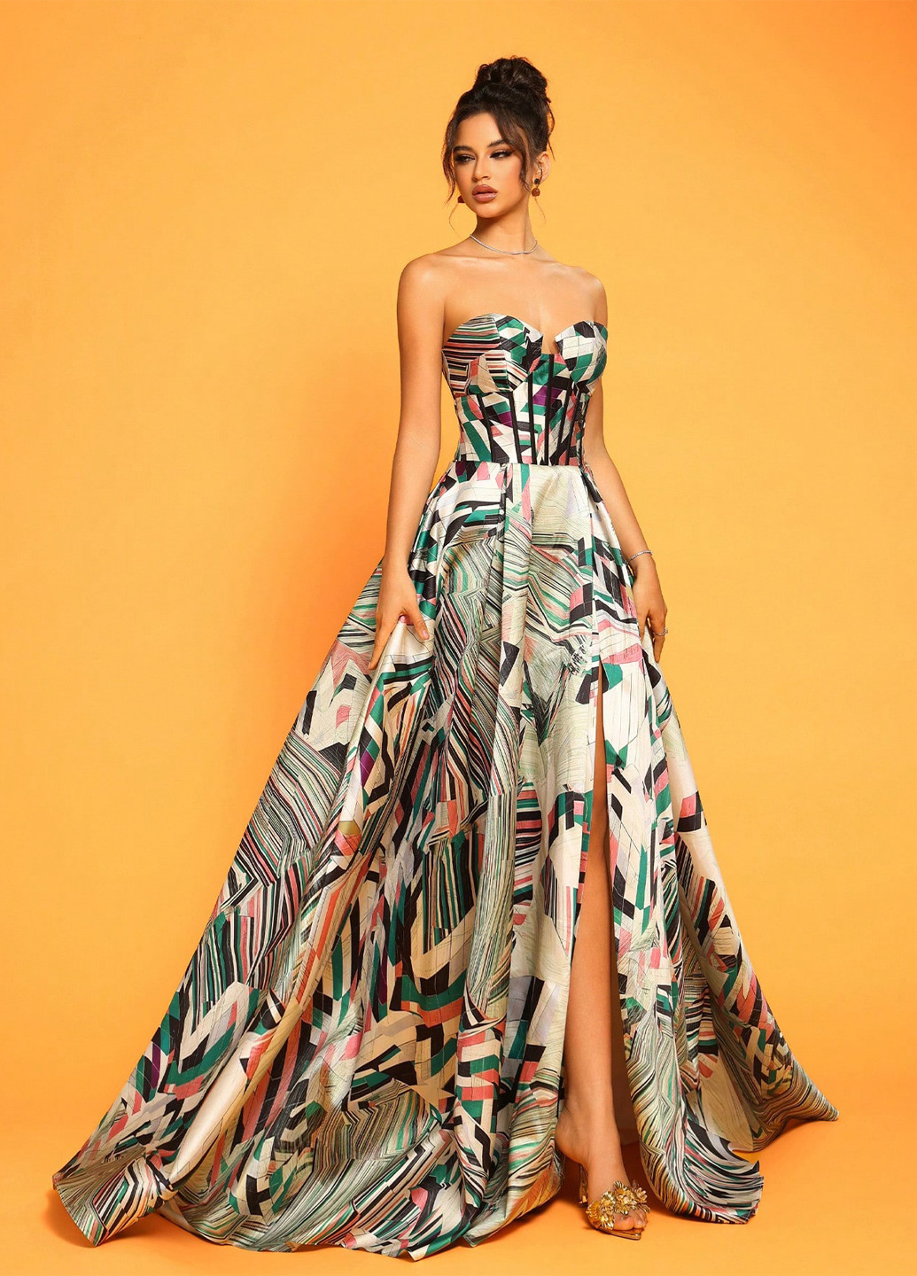 Зеленое вечернее платье с корсетом, со шлейфом, клеш SHEIN с абстрактным узором