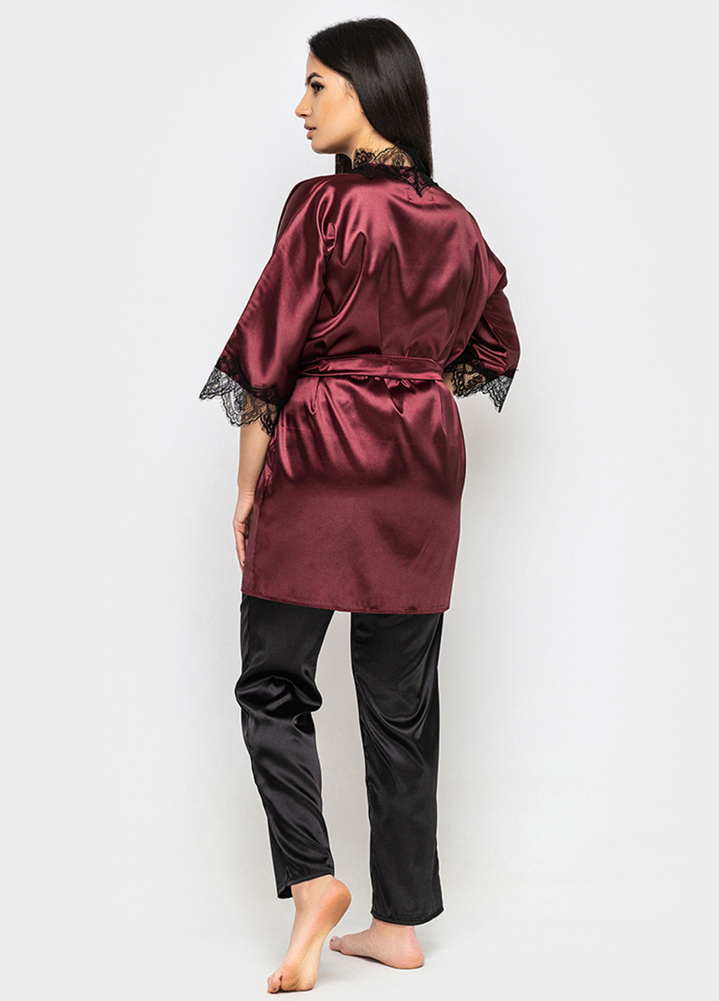 Бордовый демисезонный комплект (халат, топ, брюки) Ghazel