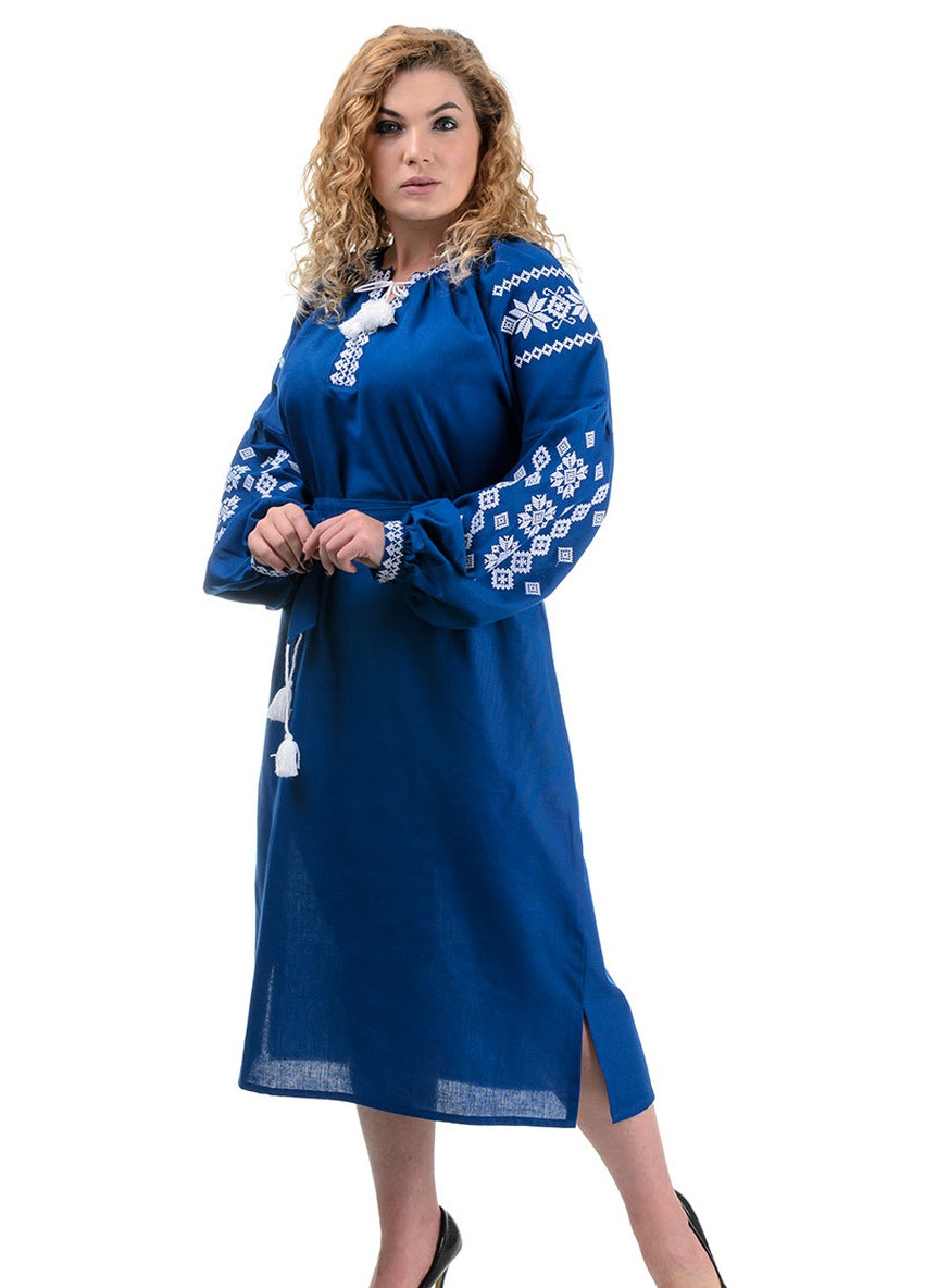 Синяя плaтье-вышиванка ивана купала (электрик) Golfstream свободная, прямой лен (254672002)