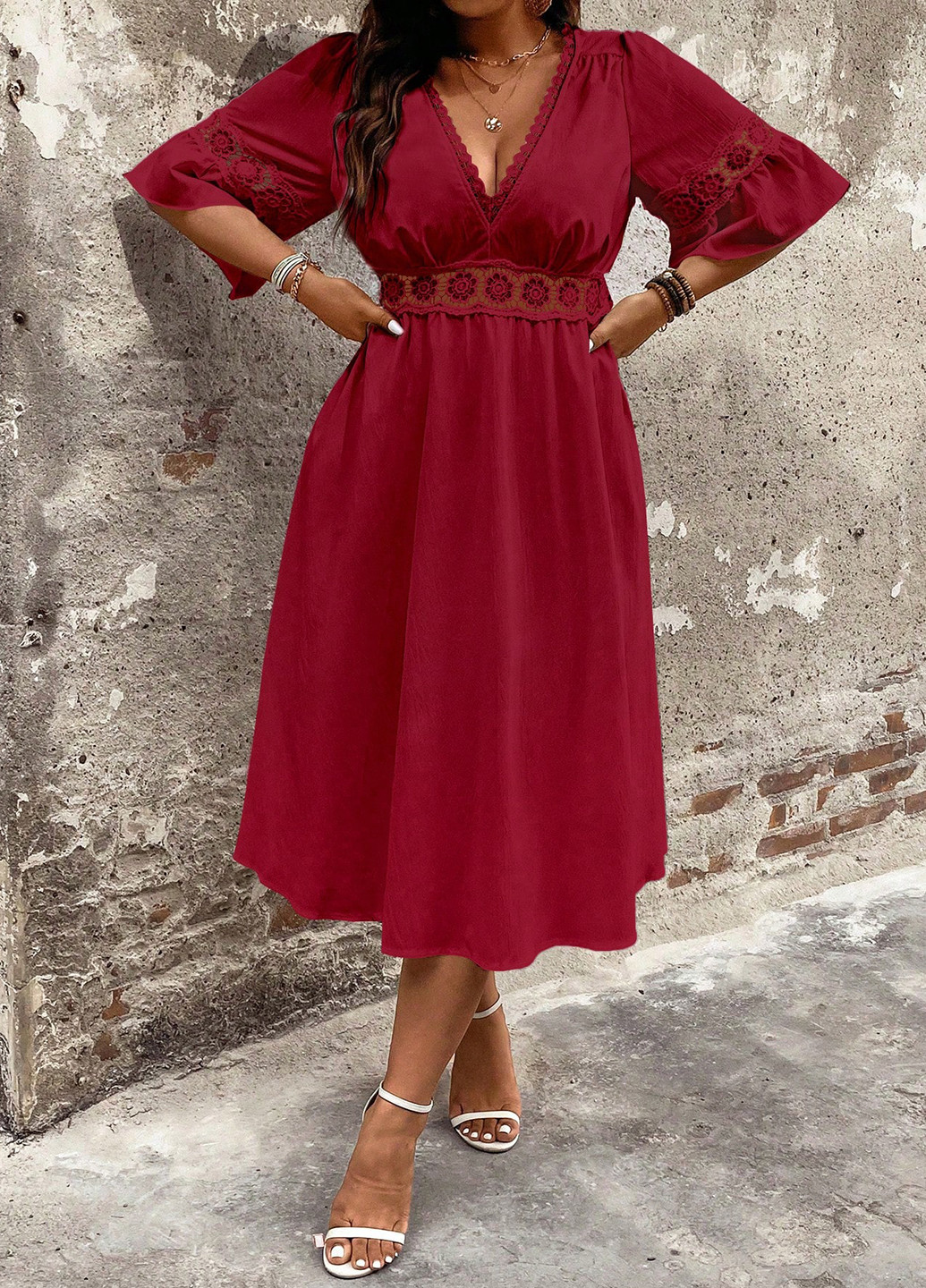 Темно-червона святковий, кежуал сукня в стилі армпір SHEIN однотонна