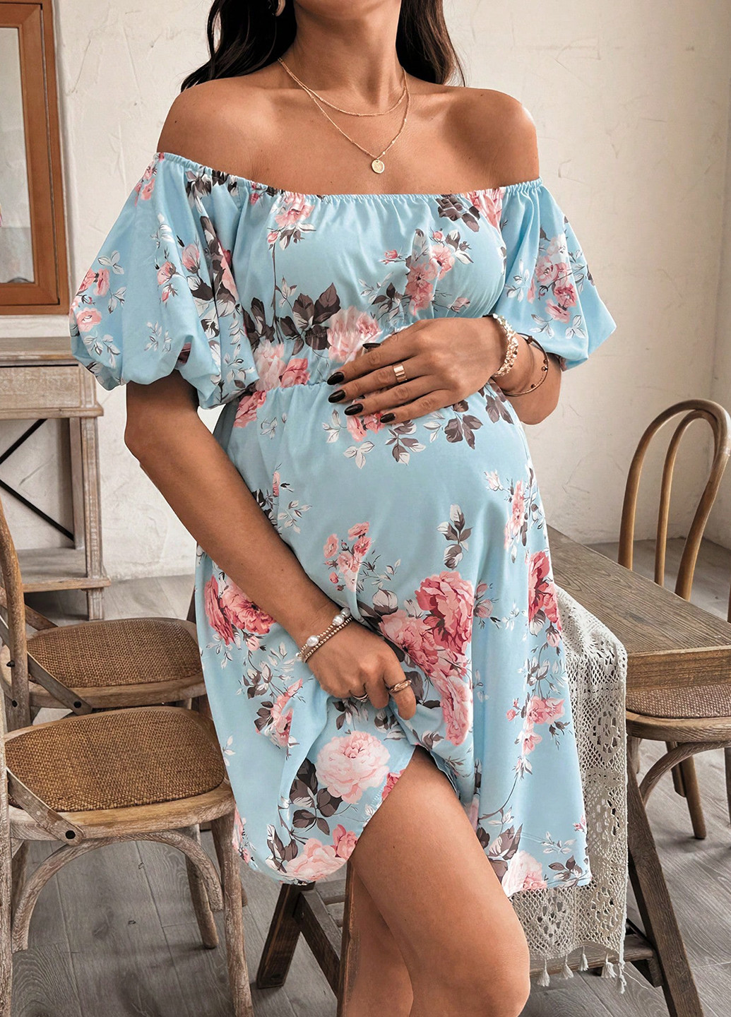 Голубое кэжуал платье а-силуэт SHEIN с цветочным принтом