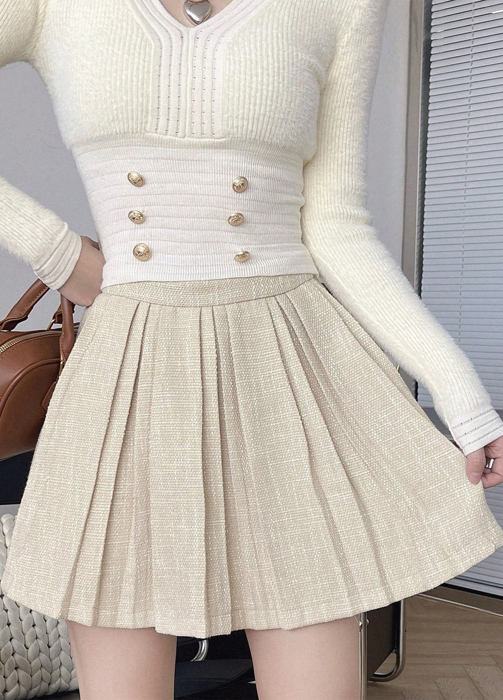 Светло-бежевая кэжуал однотонная юбка SHEIN плиссе