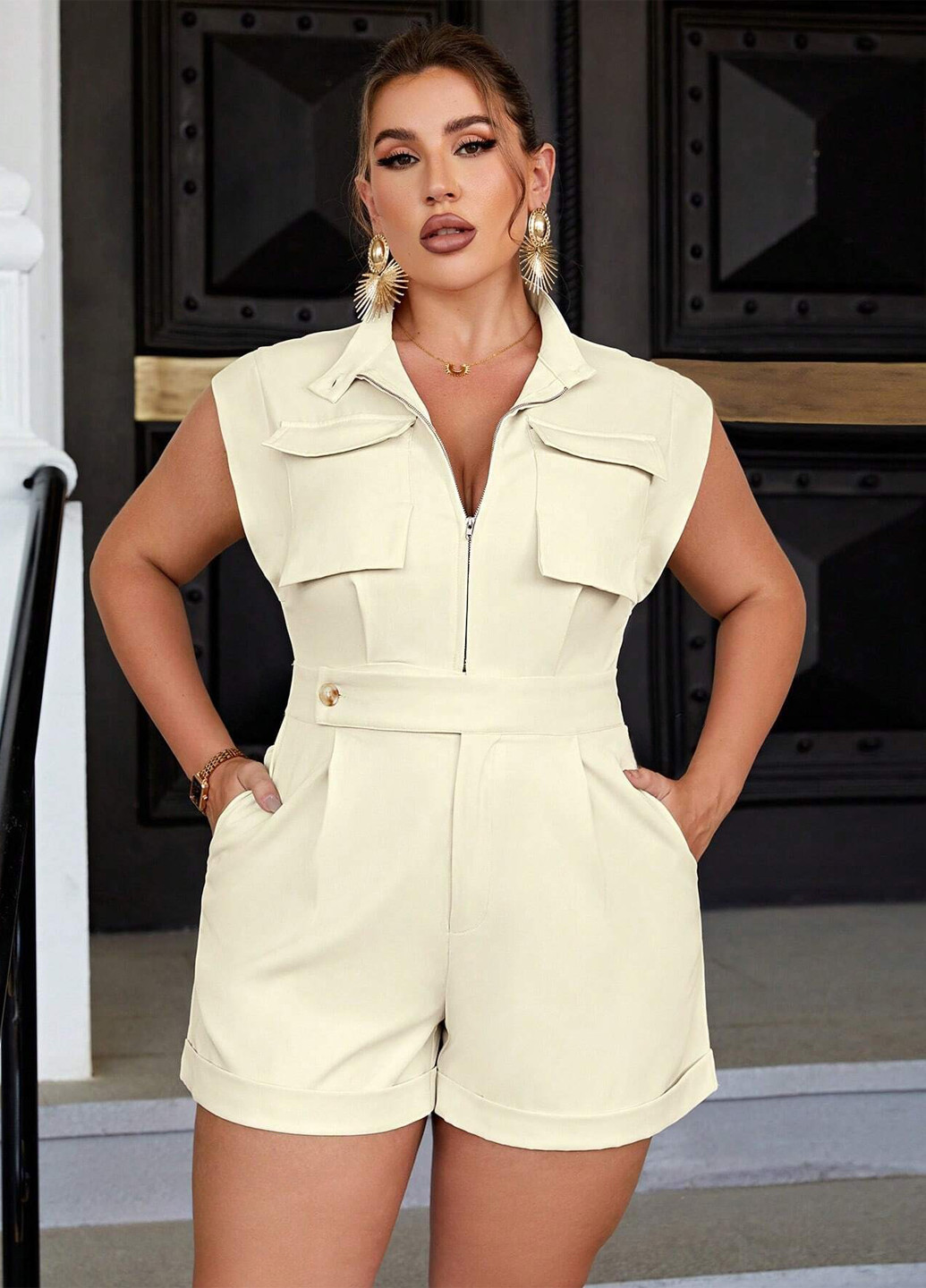 Комбінезон SHEIN комбінезон-шорти однотонний молочний діловий, кежуал поліестер