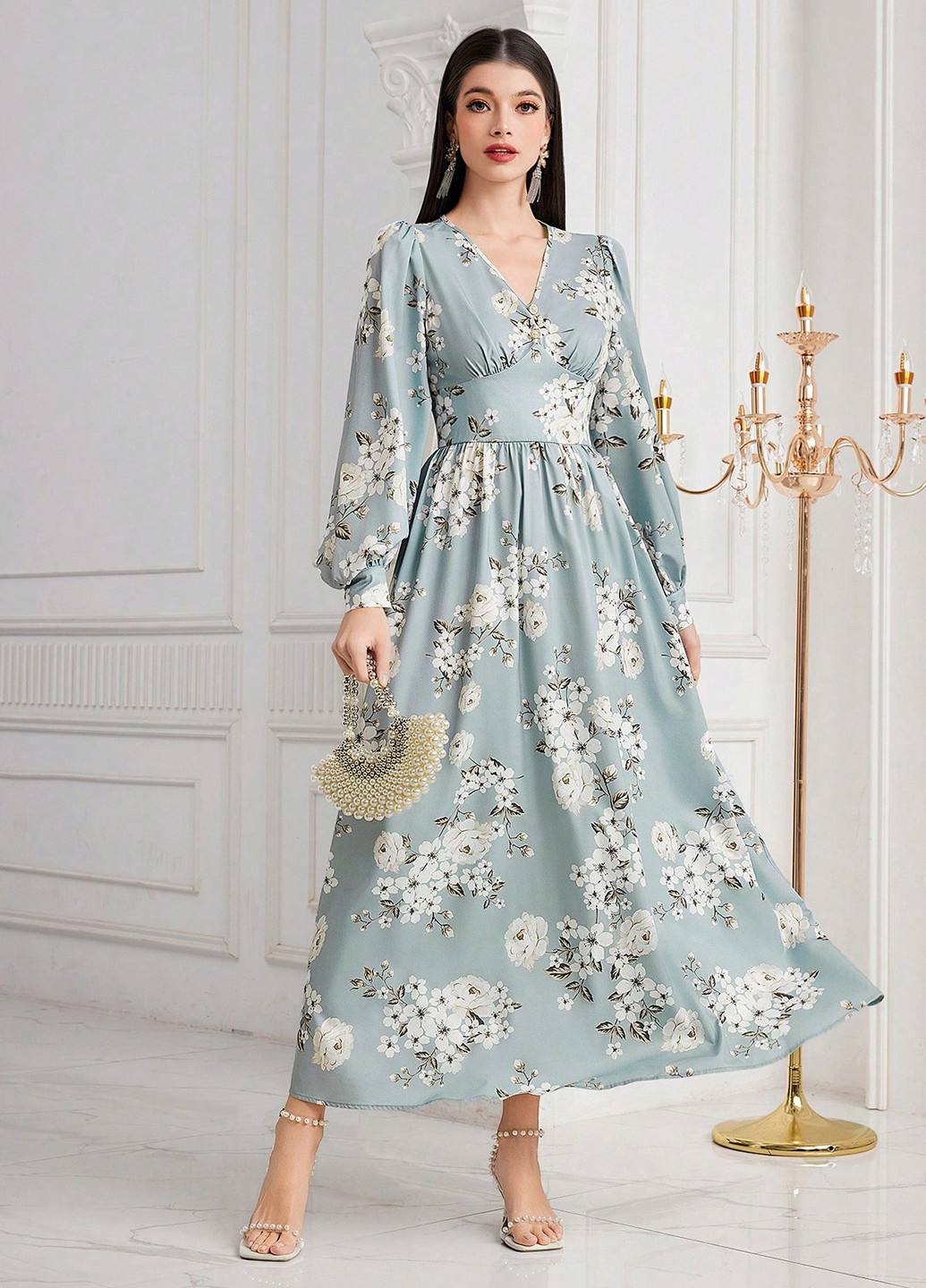Світло-блакитна кежуал сукня кльош SHEIN з квітковим принтом