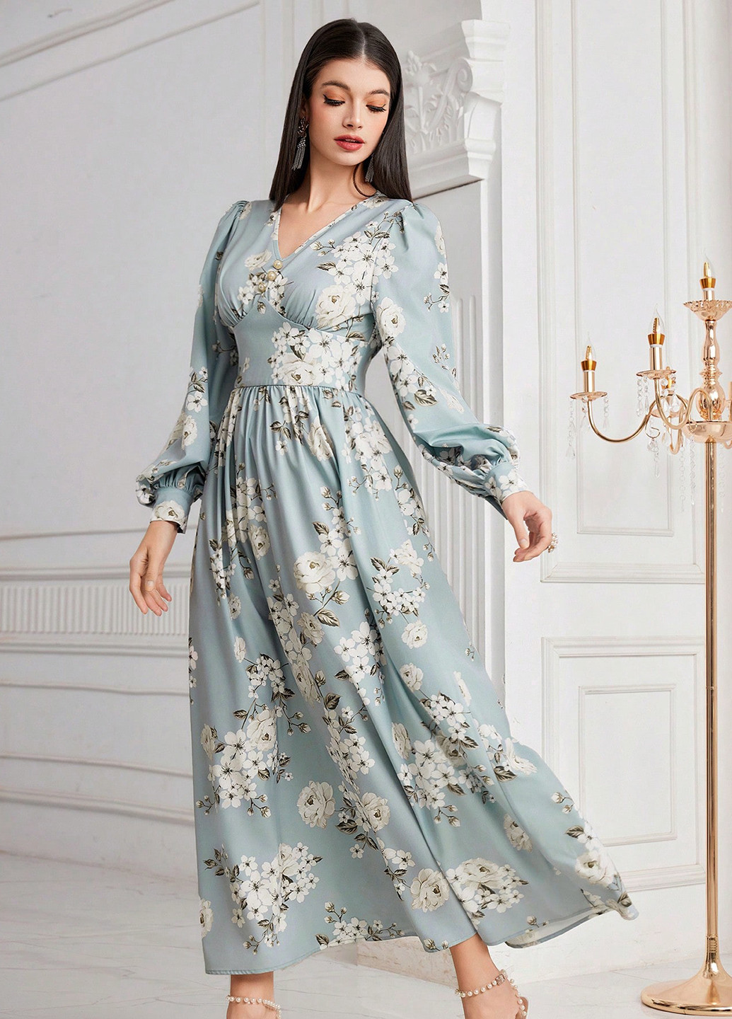 Світло-блакитна кежуал сукня кльош SHEIN з квітковим принтом