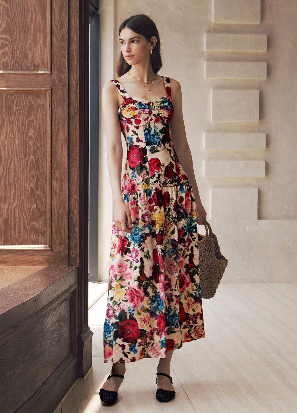 Комбинированное кэжуал платье клеш SHEIN с цветочным принтом