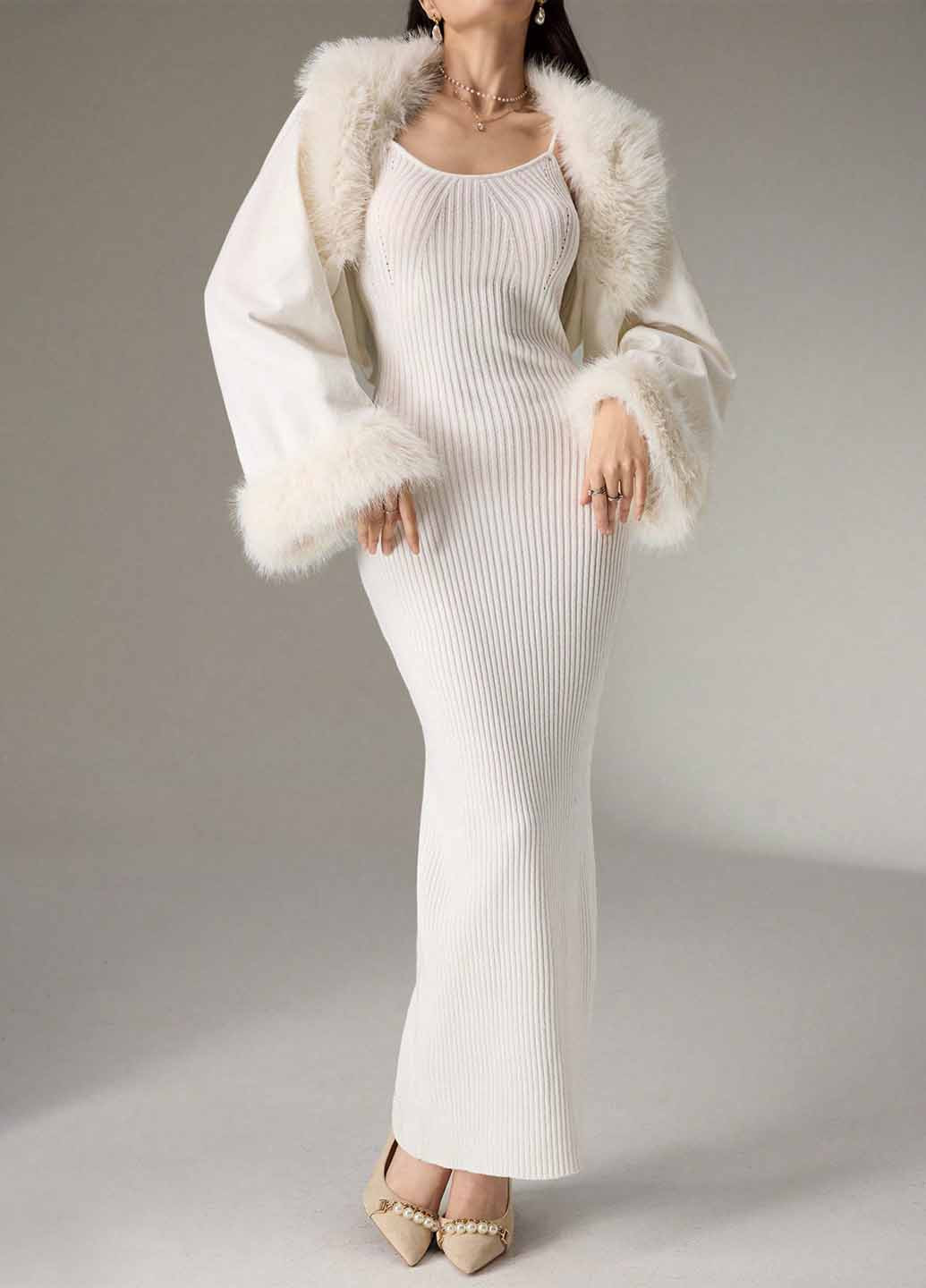 Молочный демисезонный комплект (платье, кардиган) SHEIN