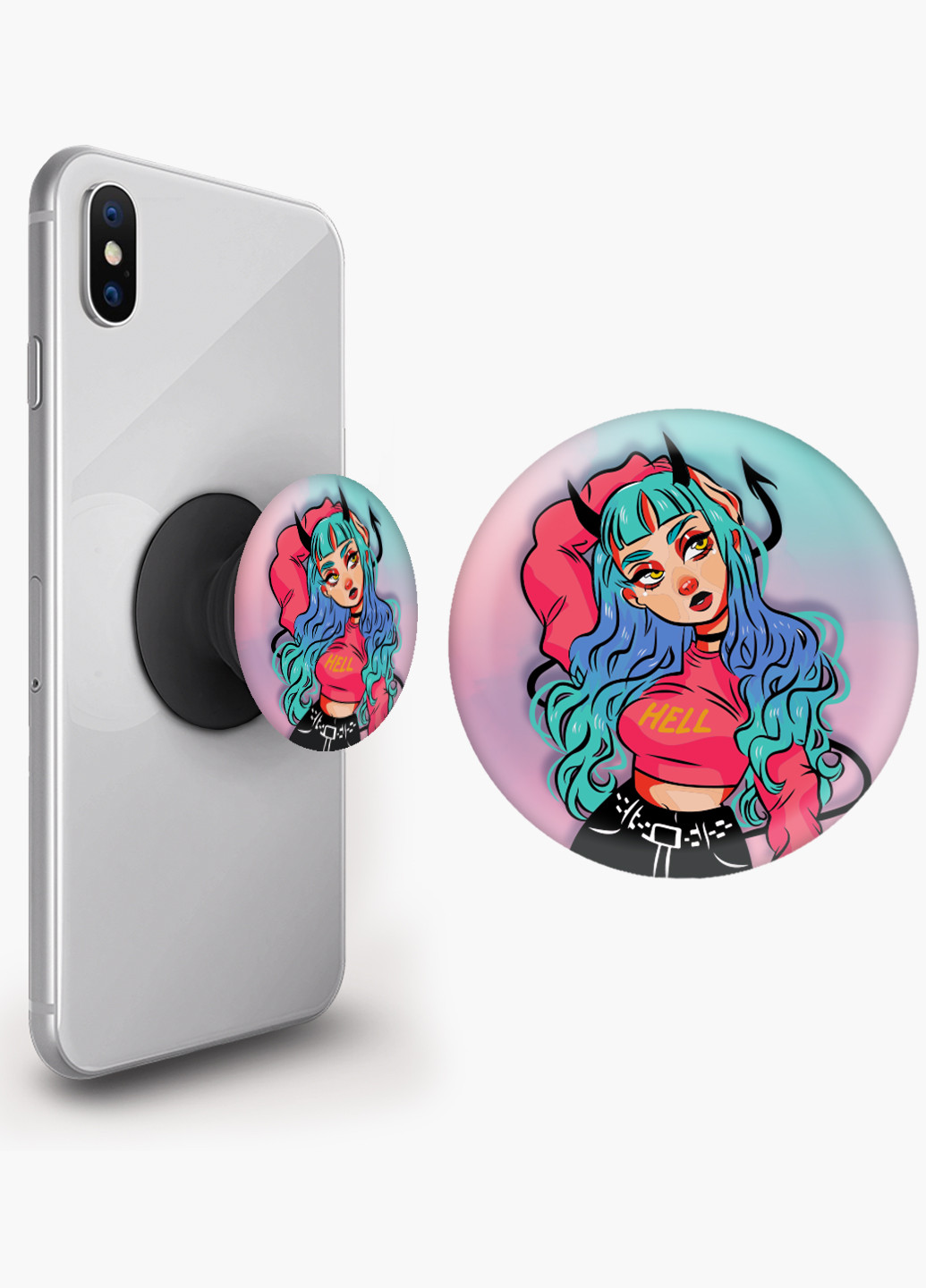 Попсокет (Popsockets) тримач для смартфону Дівчина демон (Cute Girl Illustration Art) (8754-2838) Чорний MobiPrint (221548599)
