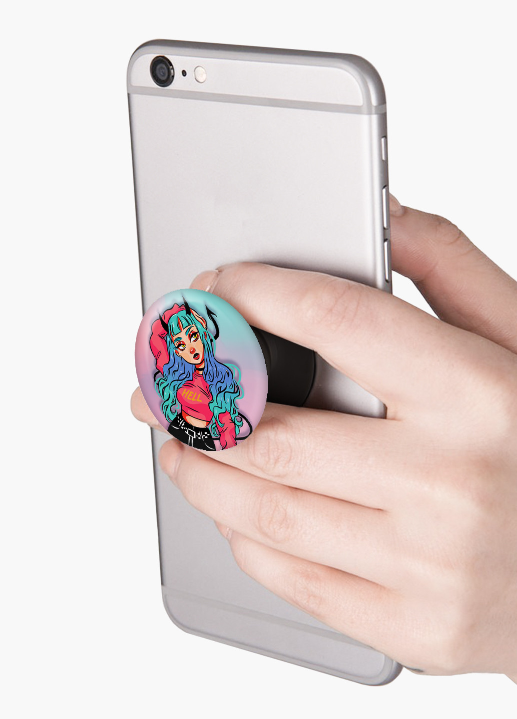 Попсокет (Popsockets) тримач для смартфону Дівчина демон (Cute Girl Illustration Art) (8754-2838) Чорний MobiPrint (221548599)