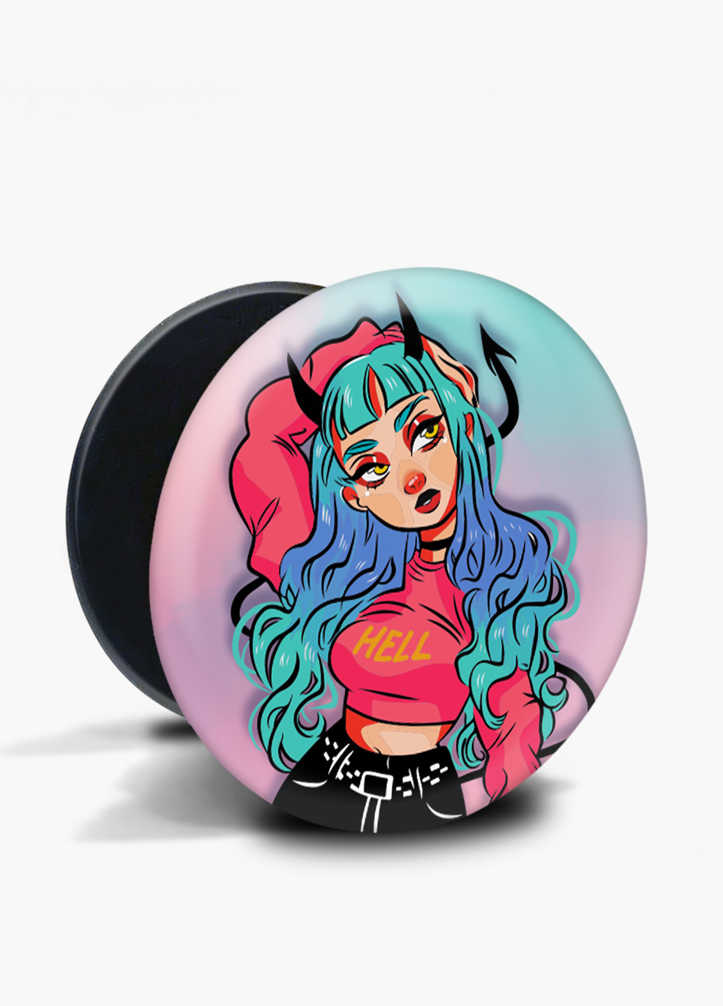 Попсокет (Popsockets) тримач для смартфону Дівчина демон (Cute Girl Illustration Art) (8754-2838) Чорний MobiPrint (221548599)