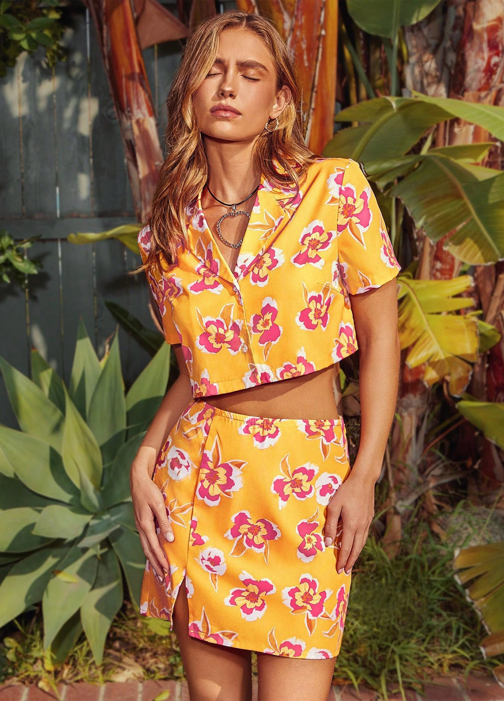 Оранжевая кэжуал цветочной расцветки юбка SHEIN