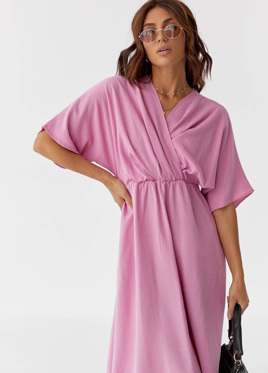 Рожева кежуал сукня міді з верхом на запах No Brand однотонна