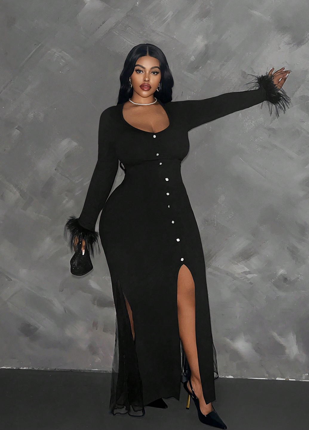 Чорна вечірня сукня годе SHEIN однотонна