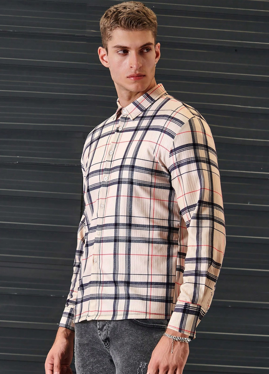 Светло-бежевая кэжуал рубашка в клетку SHEIN