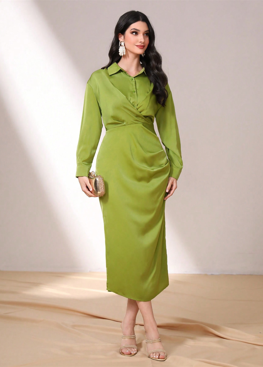 Фісташкова коктейльна, ділова сукня сукня-сорочка SHEIN однотонна