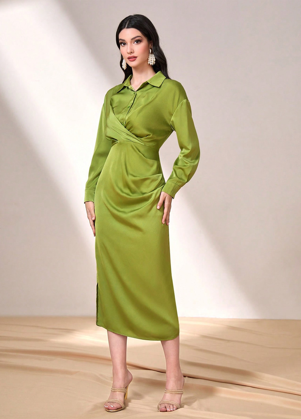 Фісташкова коктейльна, ділова сукня сукня-сорочка SHEIN однотонна