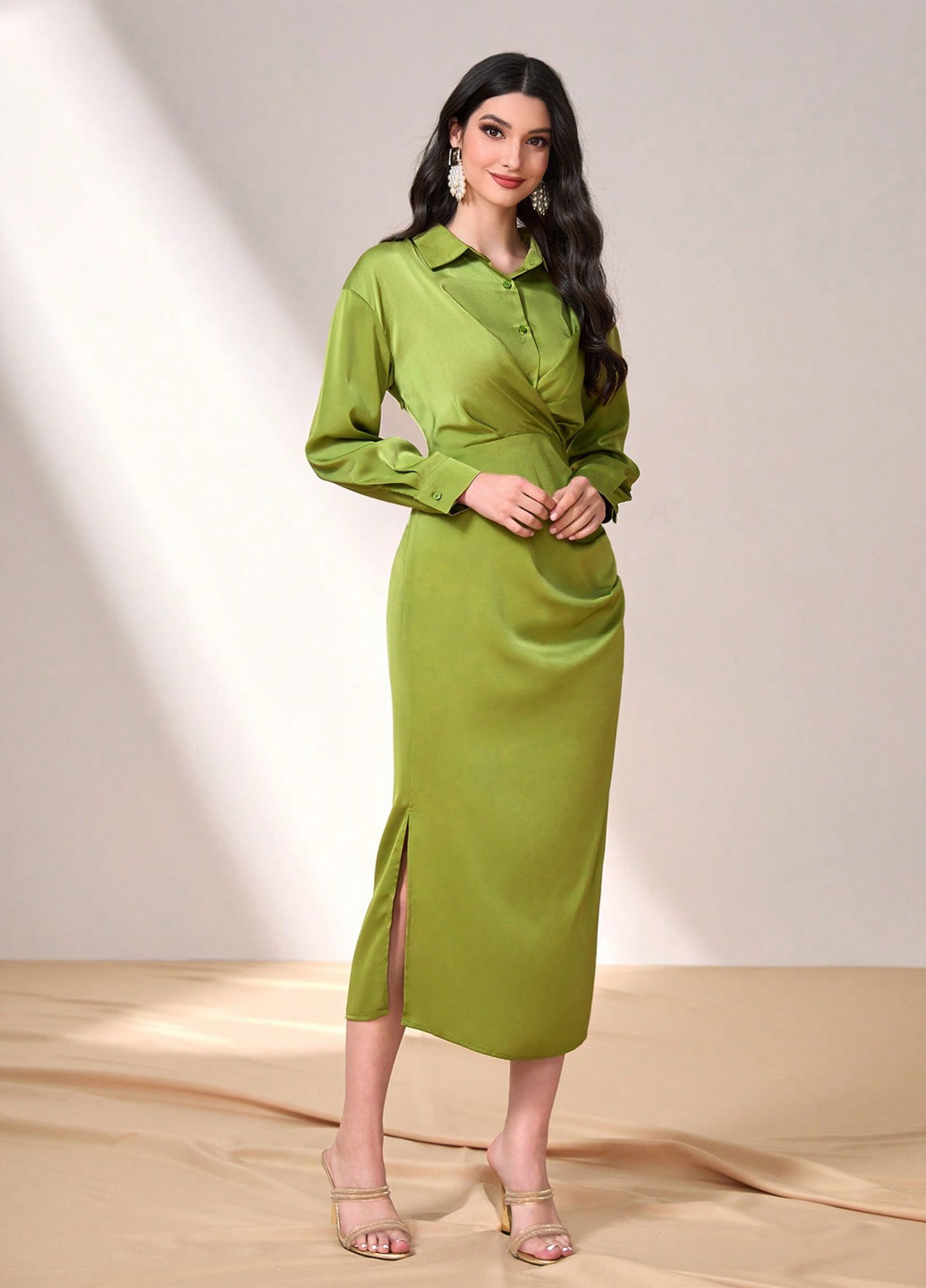 Фісташкова коктейльна, ділова сукня сукня-сорочка SHEIN однотонна