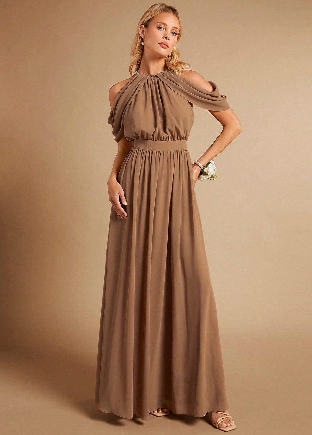Коричнева вечірня сукня кльош, з відкритими плечима SHEIN однотонна