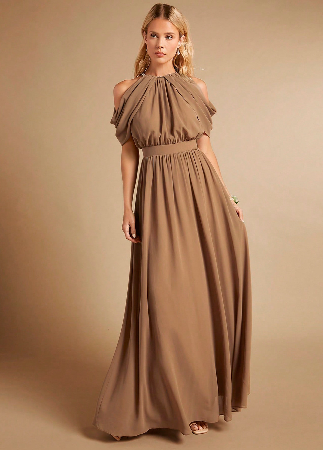 Коричнева вечірня сукня кльош, з відкритими плечима SHEIN однотонна
