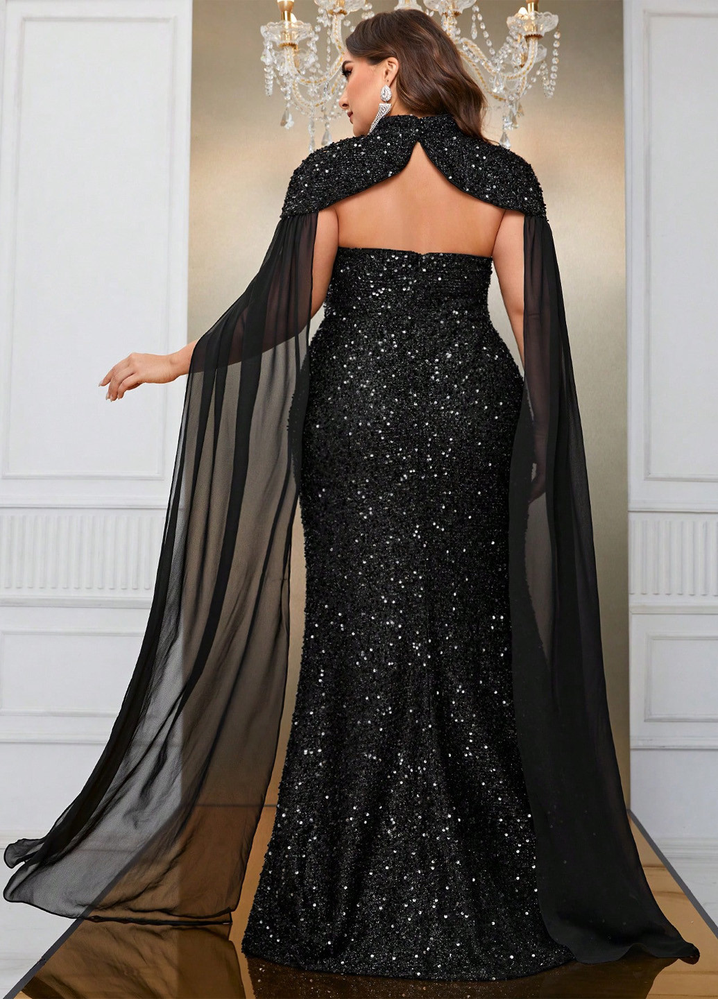 Черное вечернее платье годе, с открытой спиной SHEIN однотонное