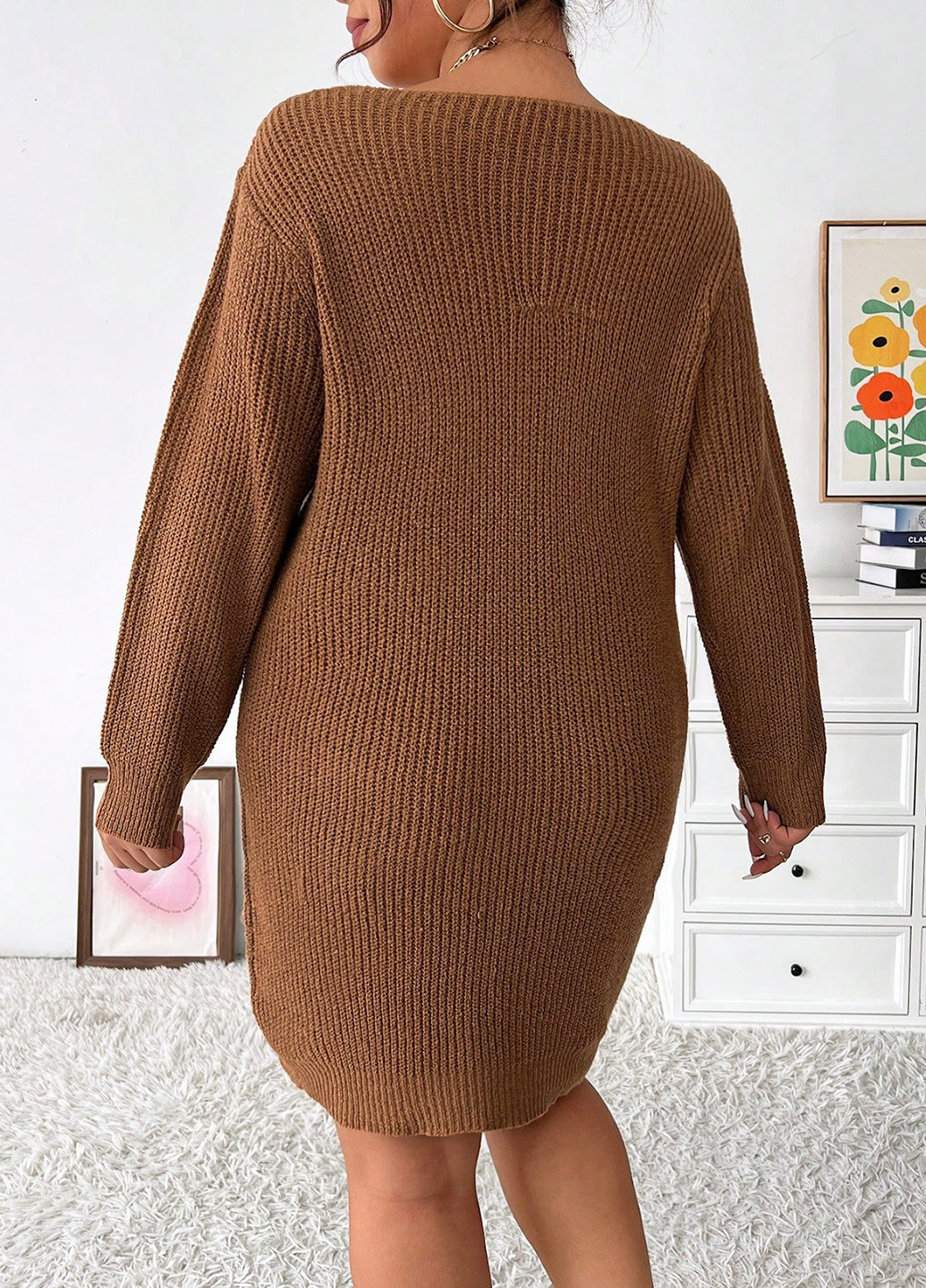 Коричневое кэжуал платье платье-свитер SHEIN однотонное