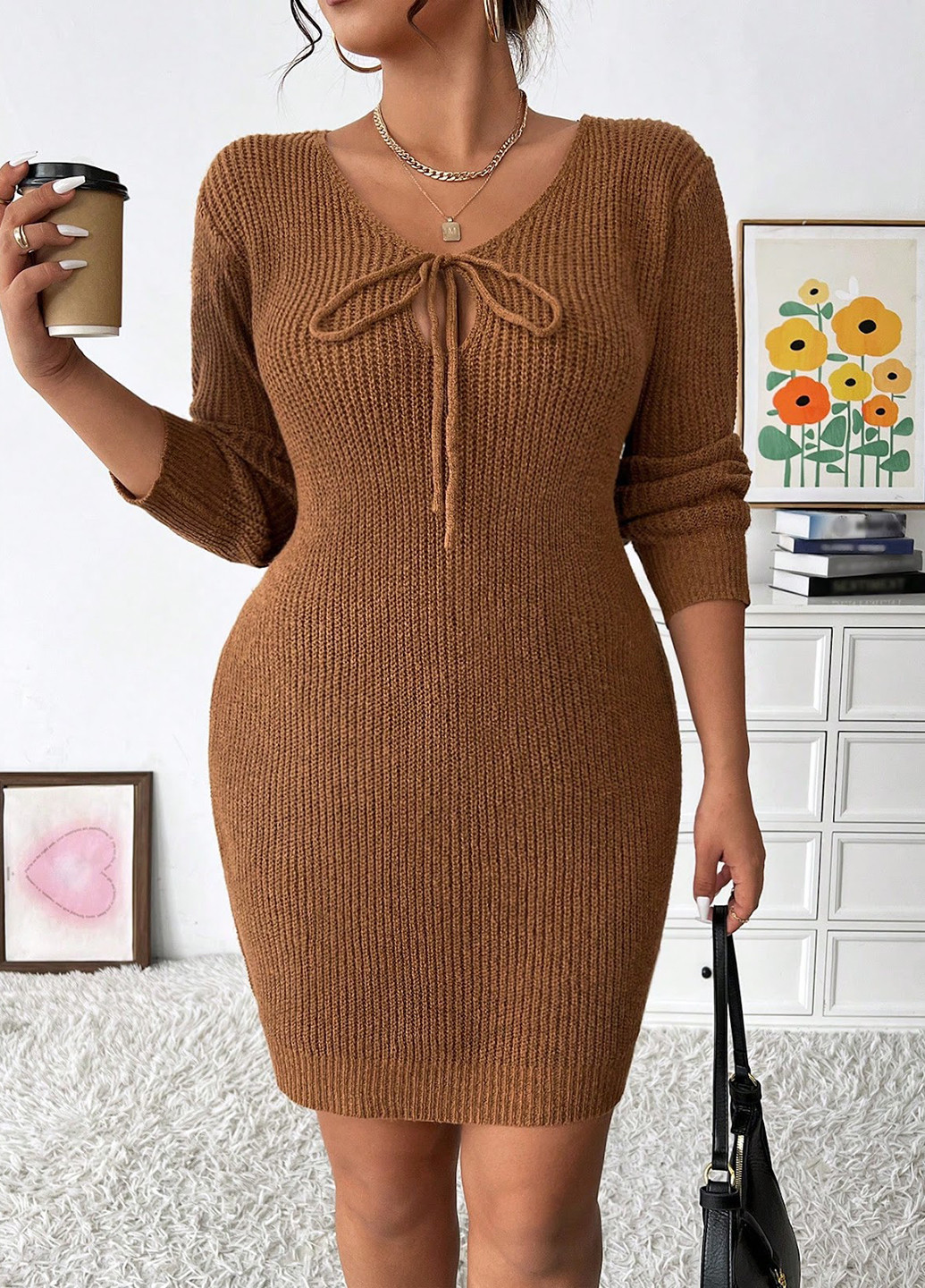 Коричневое кэжуал платье платье-свитер SHEIN однотонное