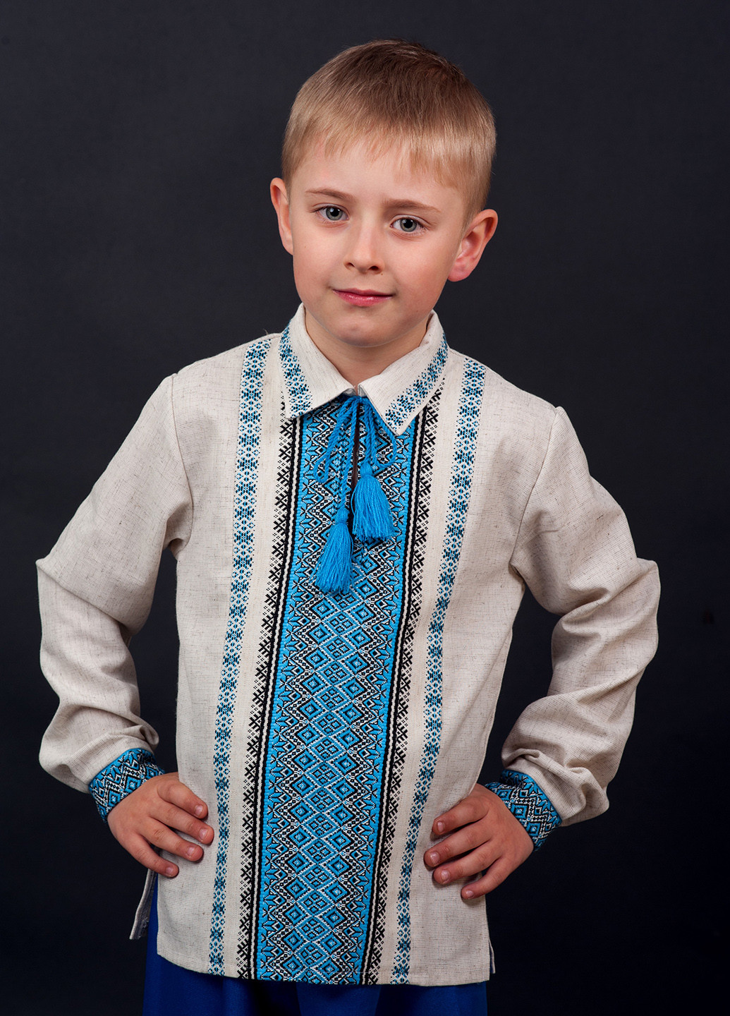 Серо-синяя кэжуал рубашка Vyshyvanka с длинным рукавом