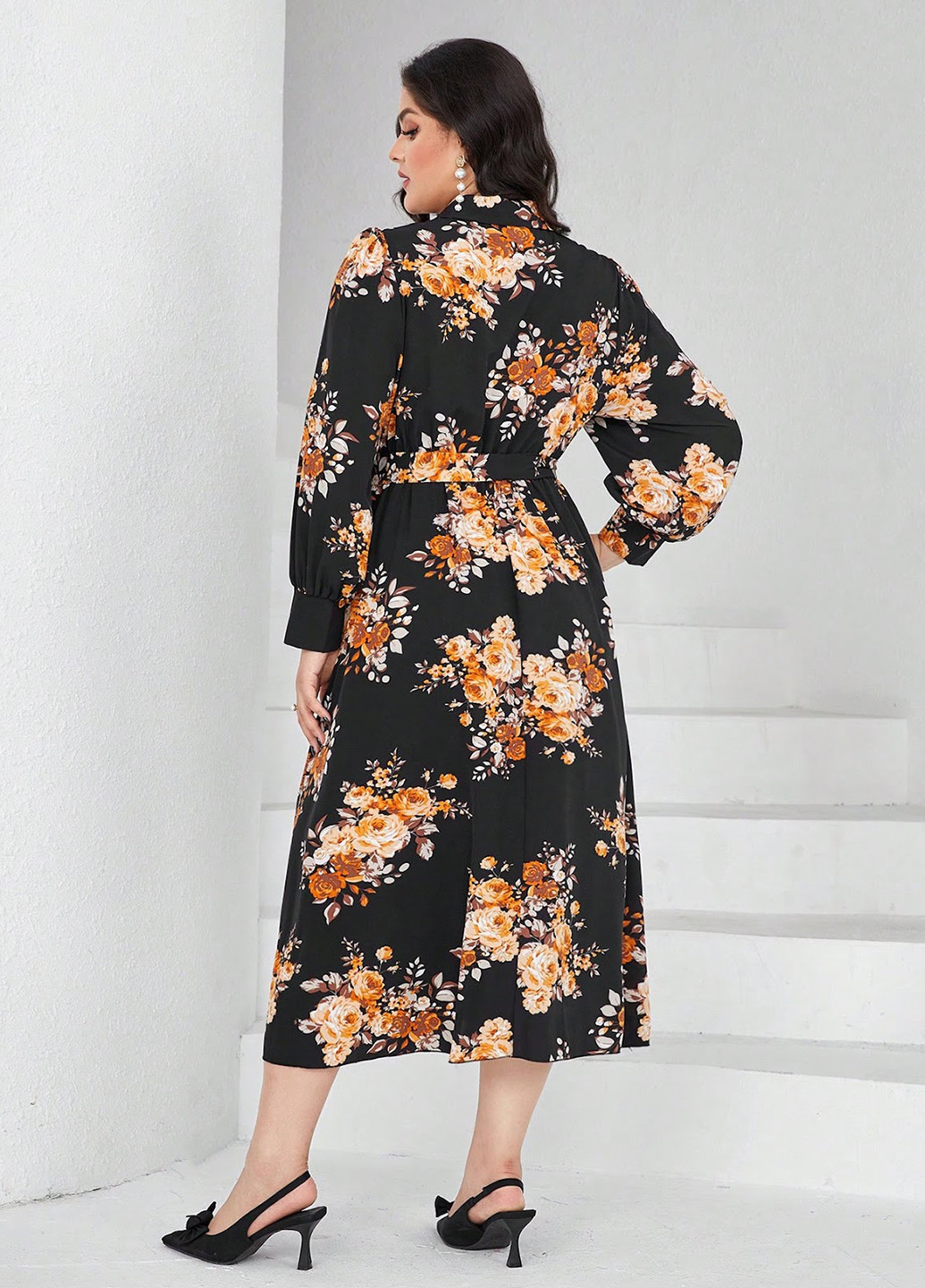 Чорна кежуал сукня сукня-сорочка, кльош SHEIN троянди